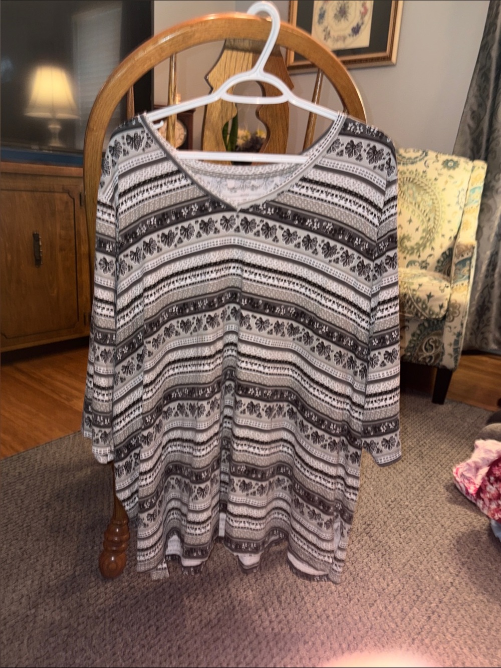 Woman Within Black and White Striped Floral-Print Tunic